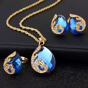 🎀NWT Ocean Blue Golden Designer Jewelry Set Earrings Necklace And Ring